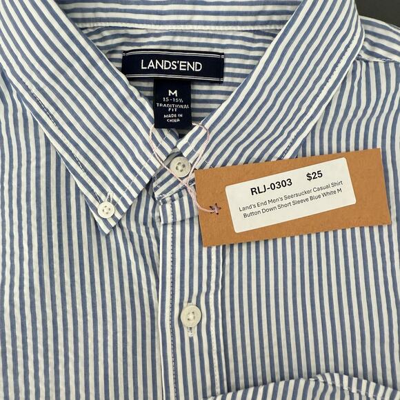 Land's End Men's Seersucker Casual Shirt Button Down Short Sleeve Blue White - Picture 6 of 8